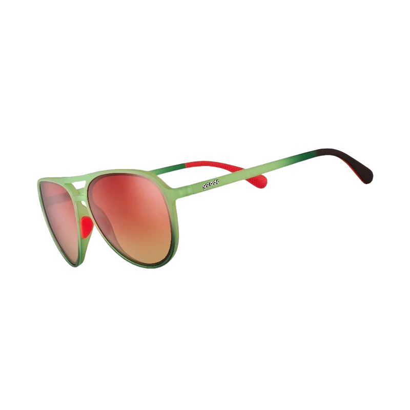 goodr Mach G Mo-Jito, Mo-Problems sunglasses, sage green frame with red-orange lenses — side view