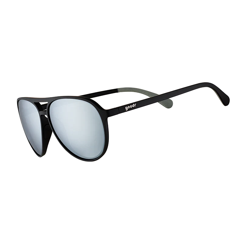 goodr Mach G Add the Chrome Package sunglasses, charcoal frame with mirrored silver lenses — side view