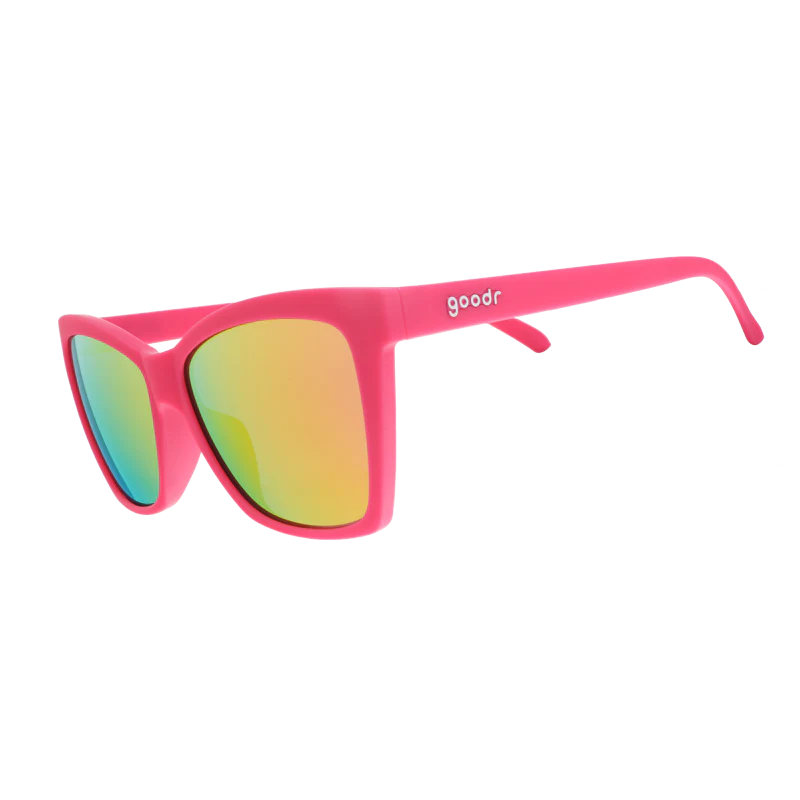 goodr Pop G Approaching Cult Status sunglasses, fuchsia frame with mirrored magenta lenses — side view