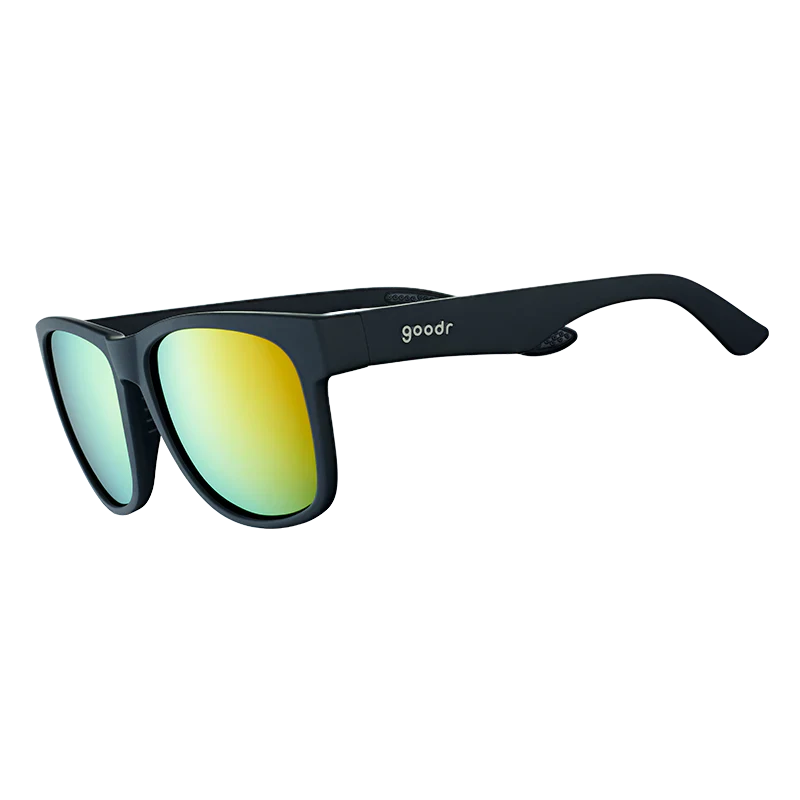 goodr BFG Beelzebub's Bourbon Burpees sunglasses, smoke frame with mirrored amber lenses — side view