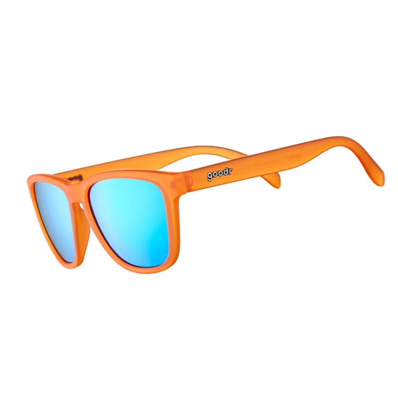 goodr OG Donkey Goggles sunglasses, orange frame with mirrored sky blue lenses — side view