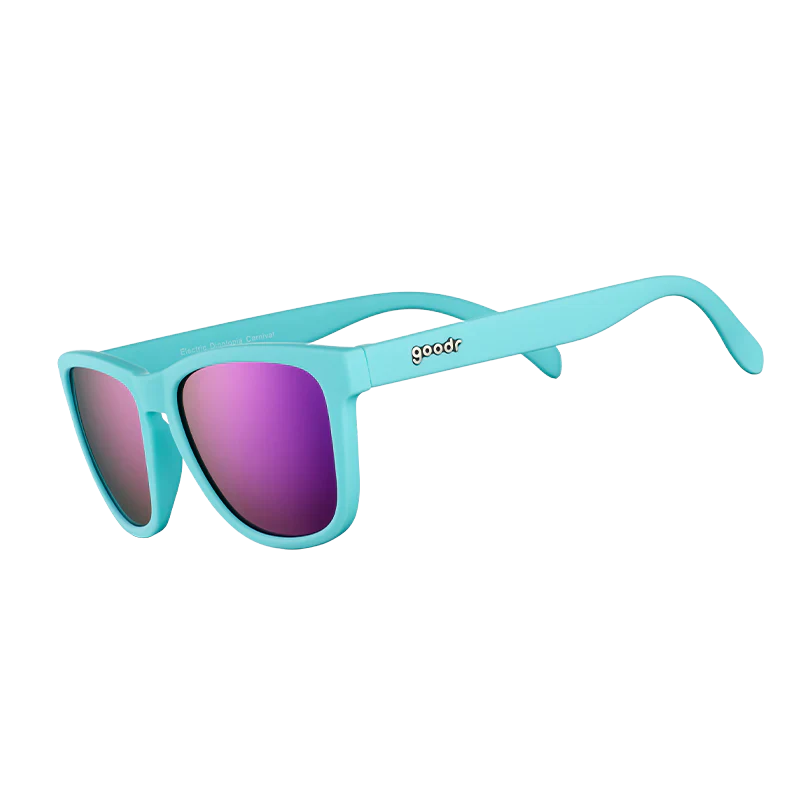 goodr OG Electric Dinotopia Carnival sunglasses, sky blue frame with lavender lenses — side view