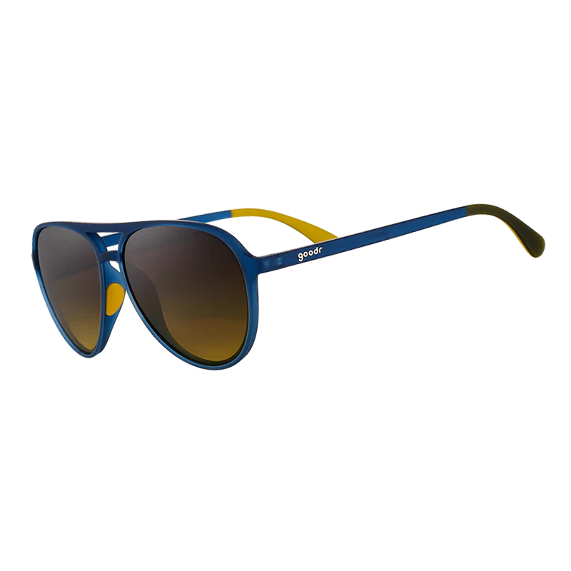 goodr Mach G Frequent Skymall Shoppers sunglasses, indigo frame with graphite gradient lenses — side view