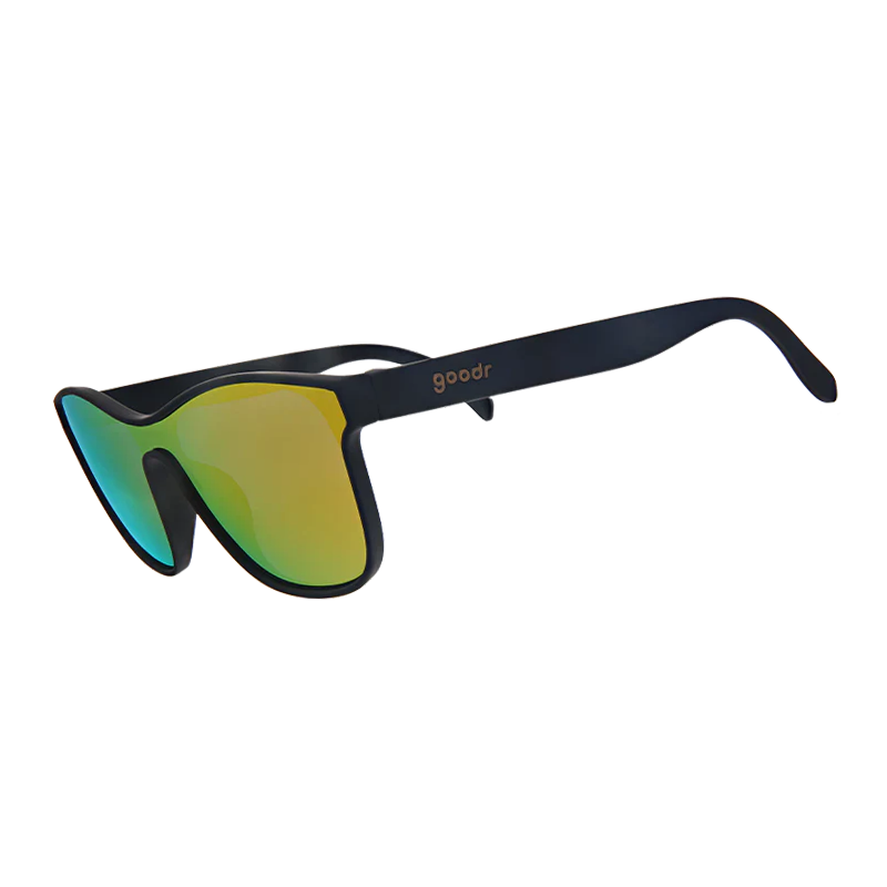 goodr VRG From Zero to Blitzed sunglasses, tortoise frame with mirrored burnt orange lenses — side view