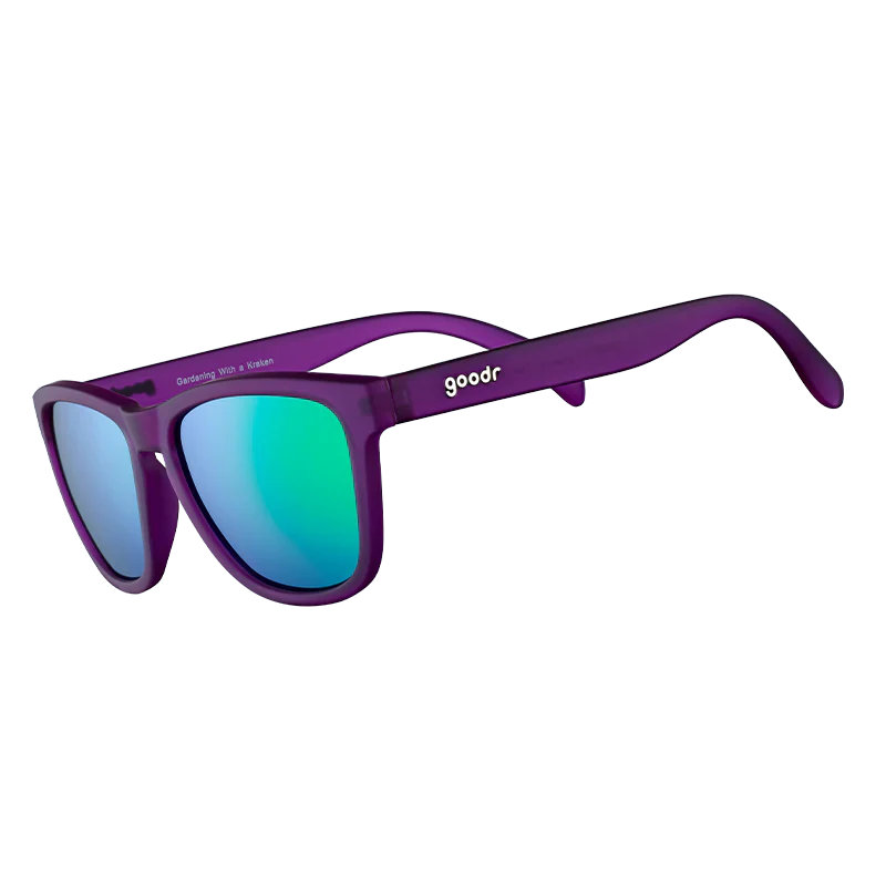 goodr OG Gardening With A Kraken sunglasses, orchid frame with mirrored chartreuse lenses — side view