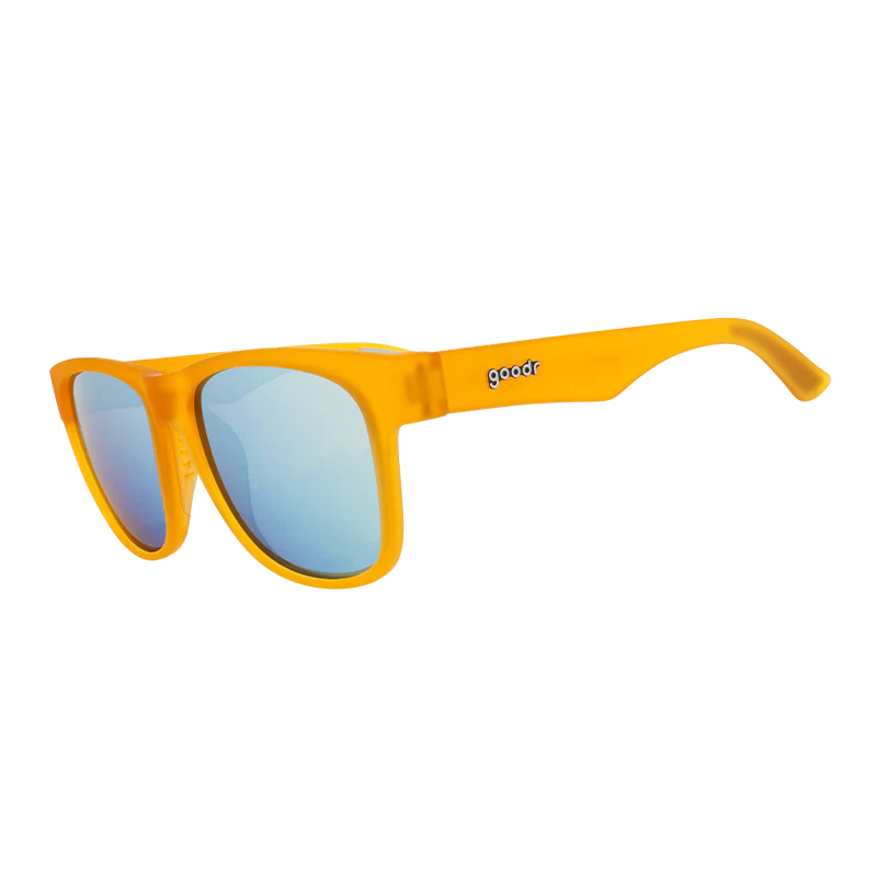 goodr BFG Gold Digging with Sasquatch sunglasses, yellow frame with mirrored silver lenses — side view