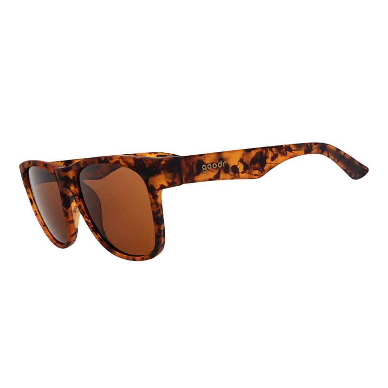 goodr BFG Hellhound Hallucinations sunglasses, burgundy frame with brown lenses — side view