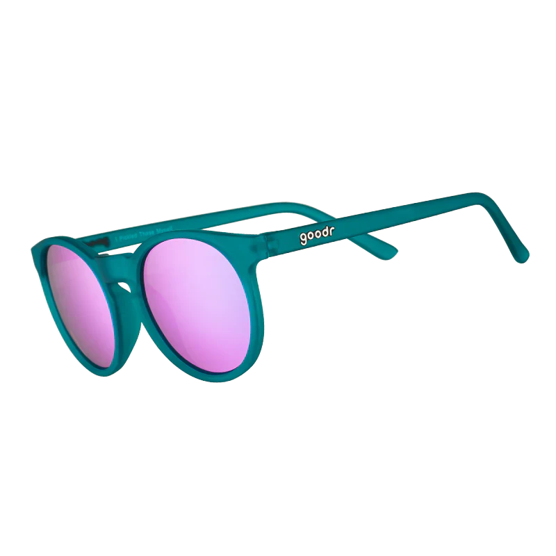 goodr Circle G I Pickled These Myself sunglasses, teal frame with mirrored light blue lenses — side view