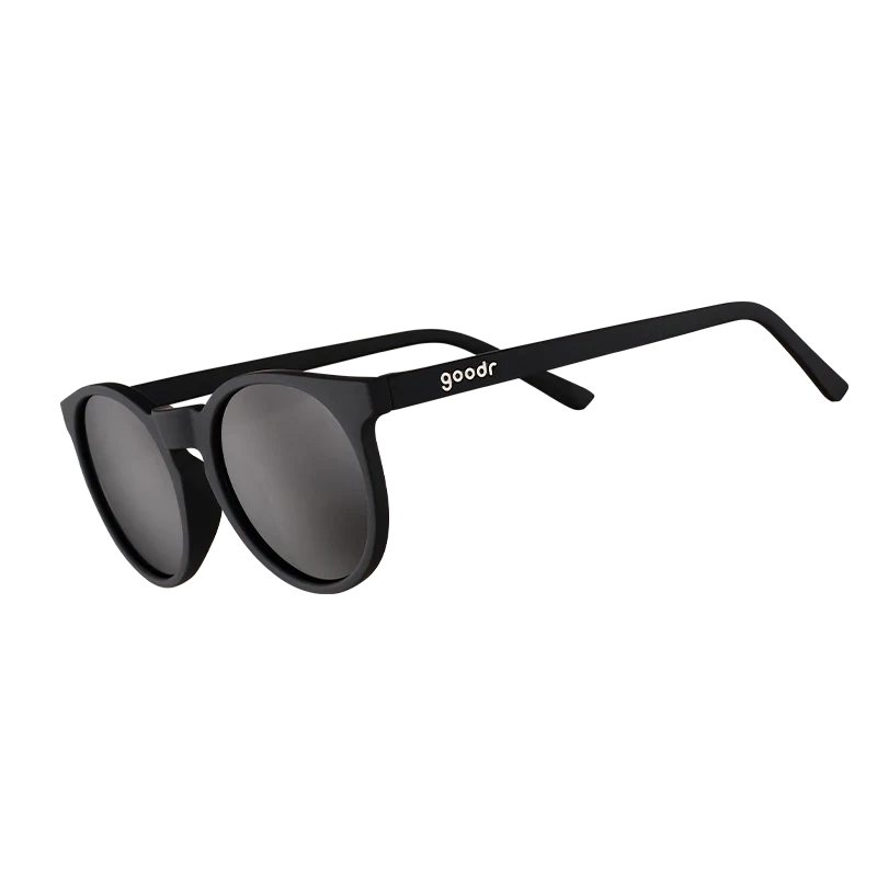goodr Circle G It's Not Black It's Obsidian sunglasses, black frame with charcoal lenses — side view