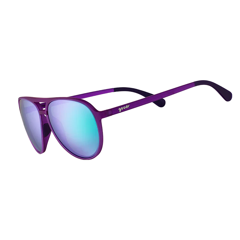 goodr Mach G It's Octopuses, Not Octopi sunglasses, purple frame with mirrored mint lenses — side view