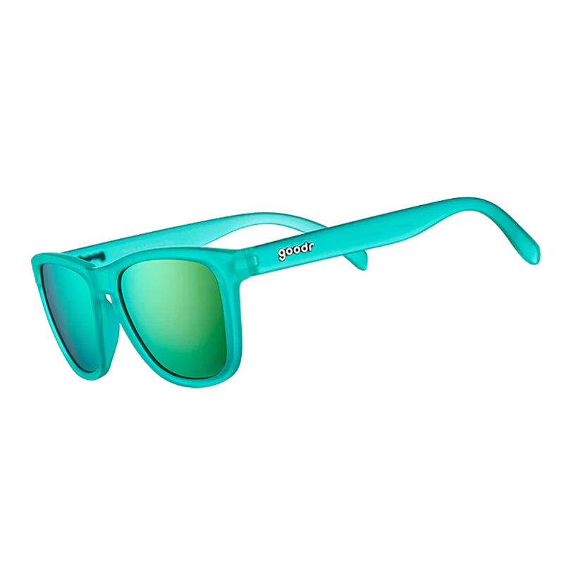 goodr OG Nessy's Midnight Orgy sunglasses, aqua frame with champagne lenses — side view