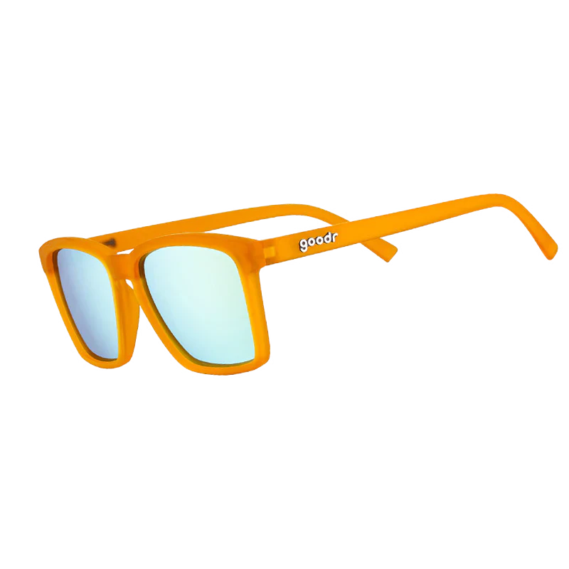 goodr LFG Never The Big Spoon sunglasses, amber frame with mirrored cream lenses — side view