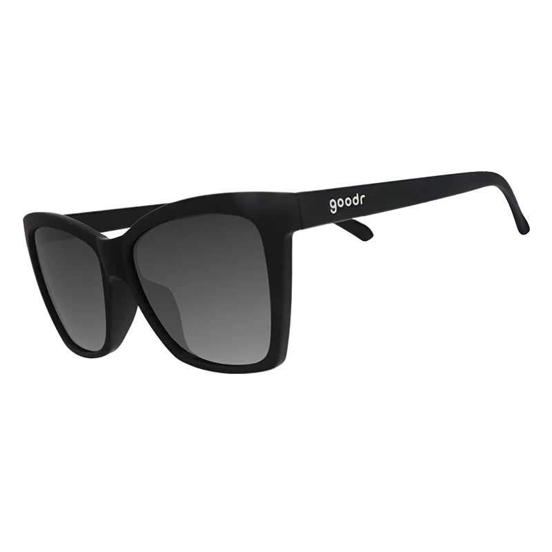 goodr Pop G New Wave Renegade sunglasses, black frame with smoke gradient lenses — side view