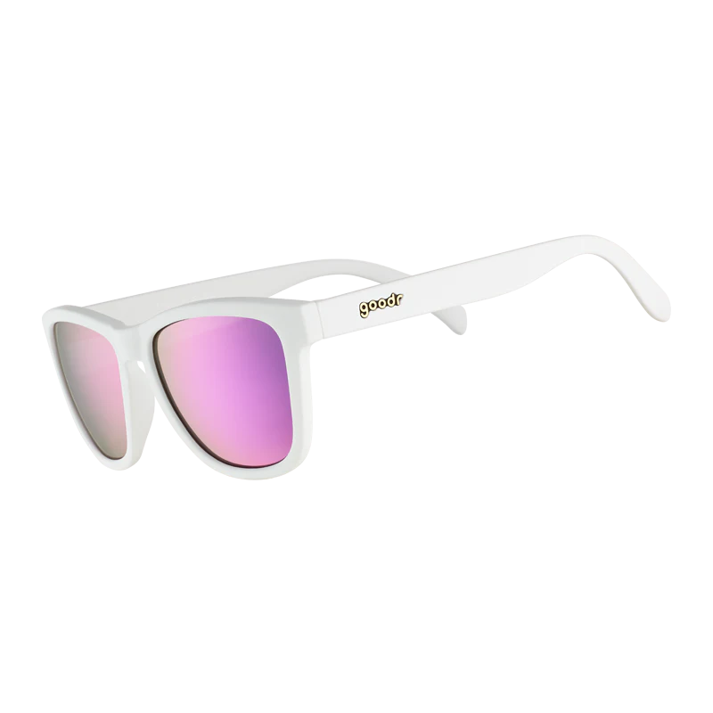 goodr OG Side Scroll Eye Roll sunglasses, white frame with mirrored violet lenses — side view