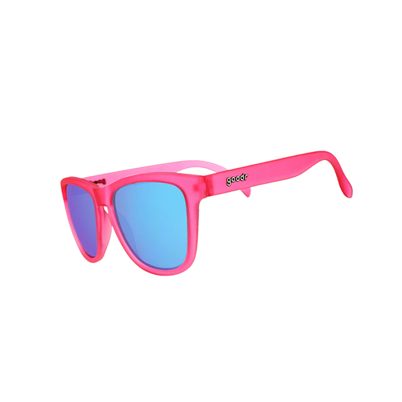 goodr OG Flamingos On A Booze Cruise sunglasses, hot pink frame with mirrored sky blue lenses — side view