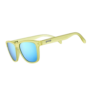 goodr OG Swedish Meatball Hangover sunglasses, lemon-lime frame with ice blue lenses — three-quarter view