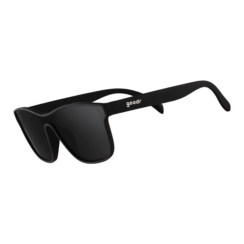 goodr VRG The Future is Void sunglasses, black frame with dark green lenses — side view