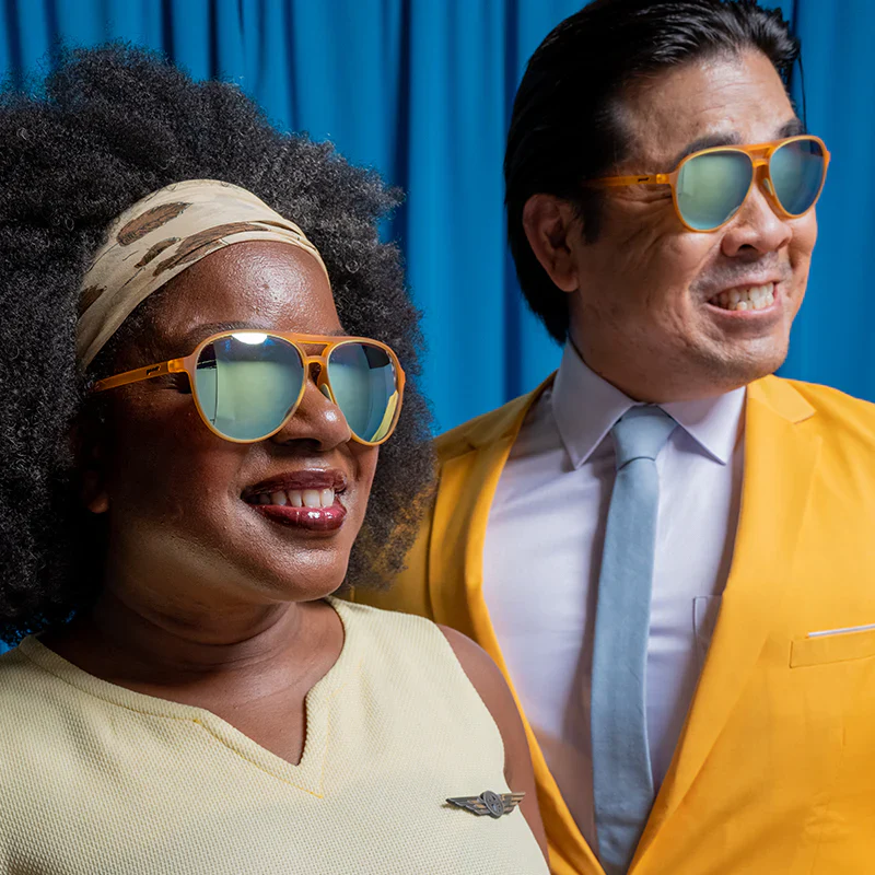 goodr Mach G Cheesy Flight Attendant sunglasses — lifestyle view