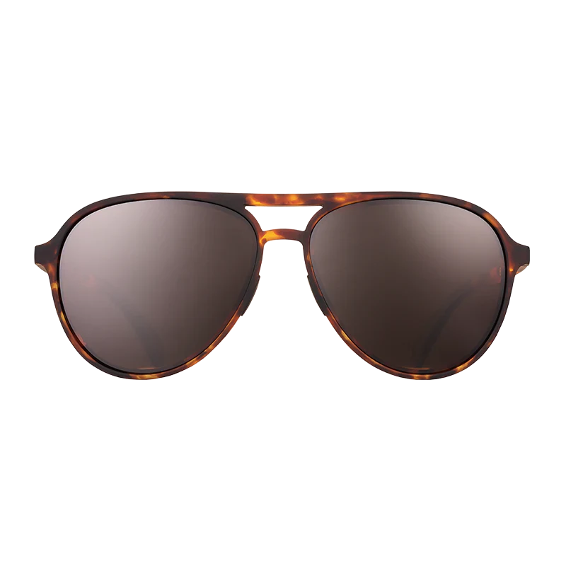 goodr Mach G Amelia Earhart Ghosted Me sunglasses, tortoise frame with smoke brown lenses — front view