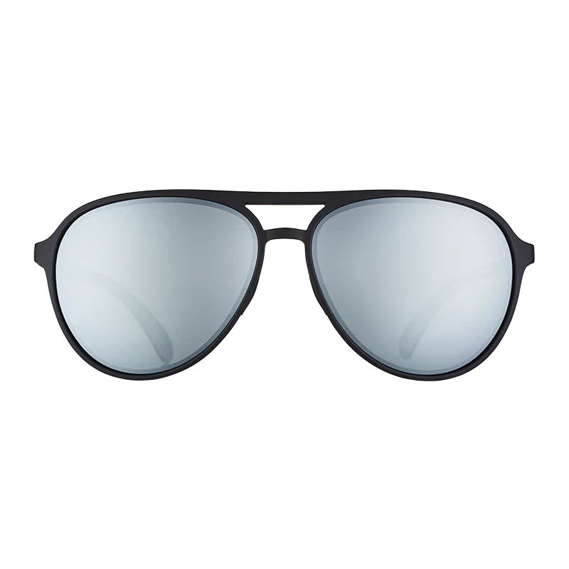 goodr Mach G Add the Chrome Package sunglasses, charcoal frame with mirrored silver lenses — front view