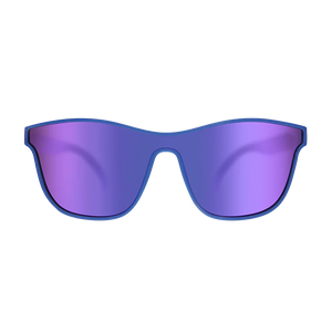 goodr VRG Best Dystopia Ever sunglasses, blue frame with mirrored violet lenses — front view