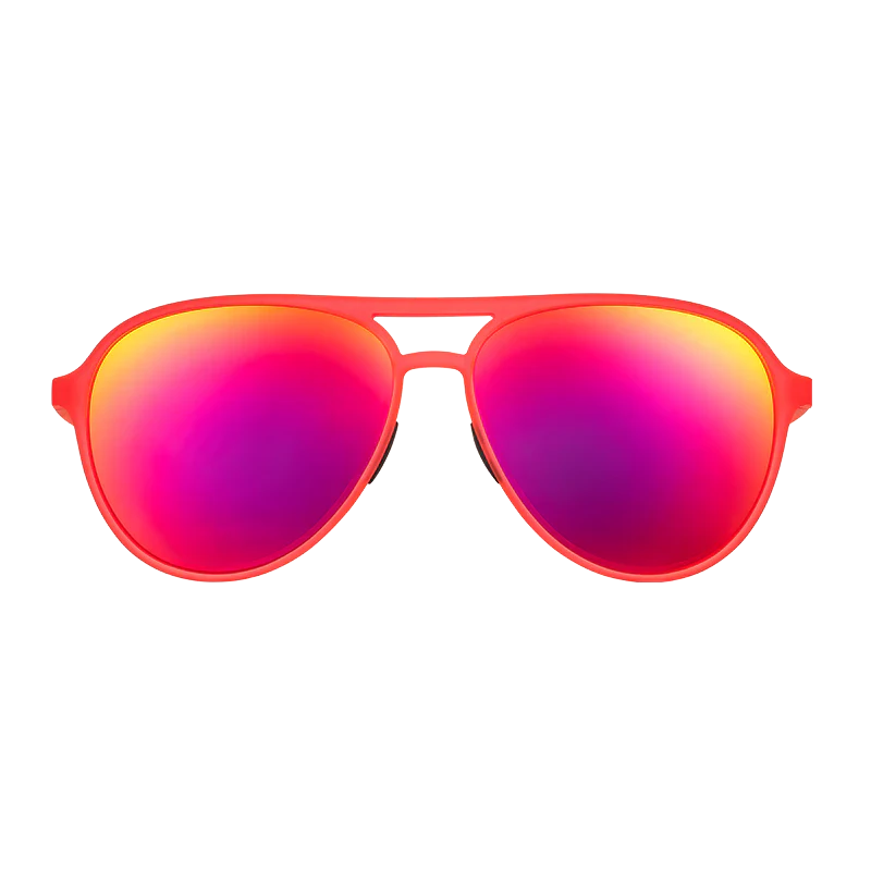 goodr Mach G Captain Blunt's Red Eye sunglasses, coral frame with crimson mirrored lenses — front view