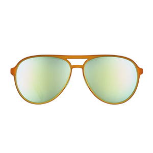 goodr Mach G Cheesy Flight Attendant sunglasses, mustard frame with mirrored lemon-lime lenses — front view