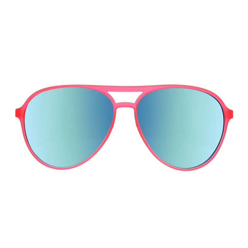 goodr Mach G Carl Is My Co-Pilot sunglasses, pink frame with mirrored light blue lenses — front view