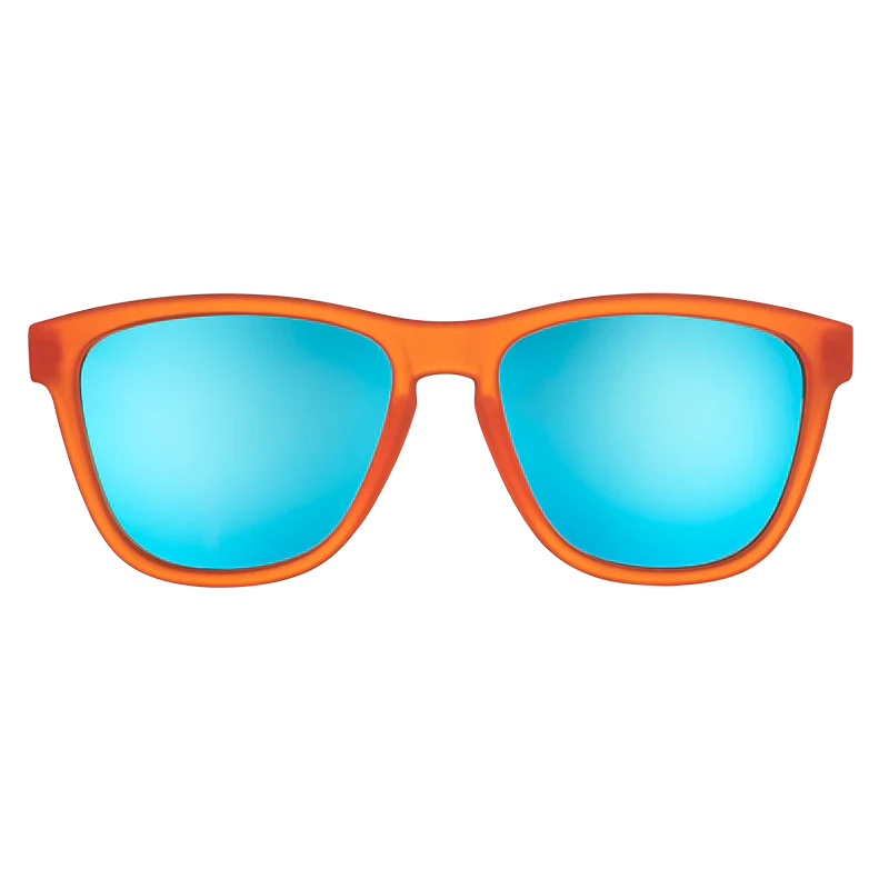 goodr OG Donkey Goggles sunglasses, orange frame with mirrored sky blue lenses — front view