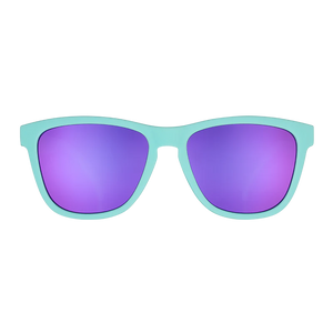 goodr OG Electric Dinotopia Carnival sunglasses, sky blue frame with lavender lenses — front view