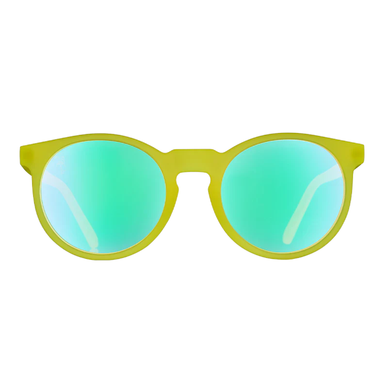 goodr Circle G Fade-Er-Ade Shades sunglasses, lime frame with mirrored aqua lenses — front view