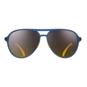 goodr Mach G Frequent Skymall Shoppers sunglasses, indigo frame with graphite gradient lenses — front view
