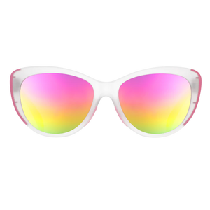 goodr Glam G Rainbow Runway Ready sunglasses, white frame with mirrored salmon lenses — front view