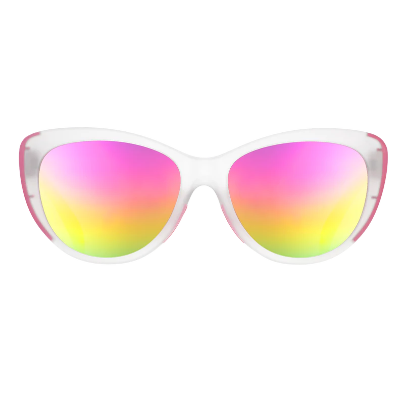 goodr Glam G Rainbow Runway Ready sunglasses, white frame with mirrored salmon lenses — front view