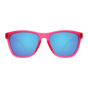 goodr OG Flamingos On A Booze Cruise sunglasses, hot pink frame with mirrored sky blue lenses — front view