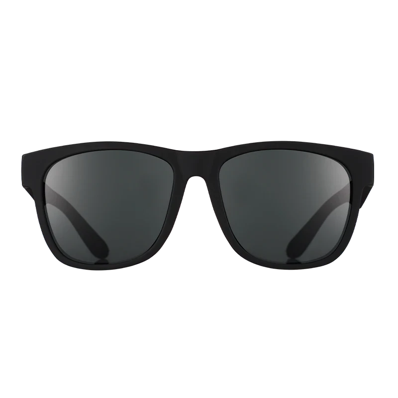 goodr BFG Hooked On Onyx sunglasses, black frame with smoke lenses — front view