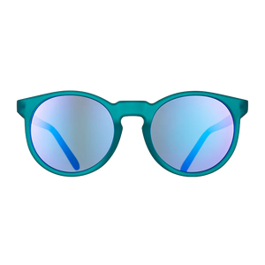 goodr Circle G I Pickled These Myself sunglasses, teal frame with mirrored light blue lenses — front view