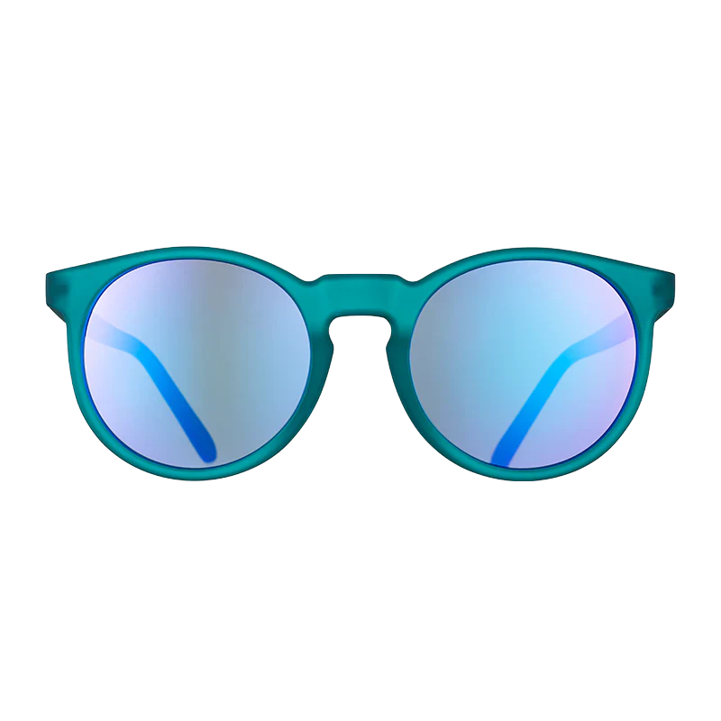 goodr Circle G I Pickled These Myself sunglasses, teal frame with mirrored light blue lenses — front view