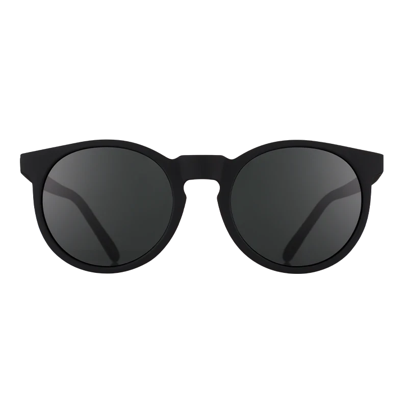goodr Circle G It's Not Black It's Obsidian sunglasses, black frame with charcoal lenses — front view