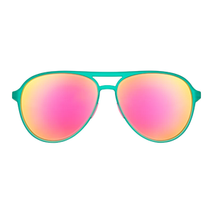 goodr Mach G Kitty Hawkers' Ray Blockers sunglasses, turquoise frame with mirrored hot pink lenses — front view