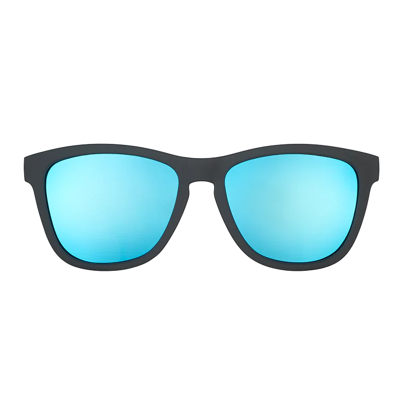 goodr OG Mick And Keith's Midnight Ramble sunglasses, smoke frame with sky blue lenses — front view