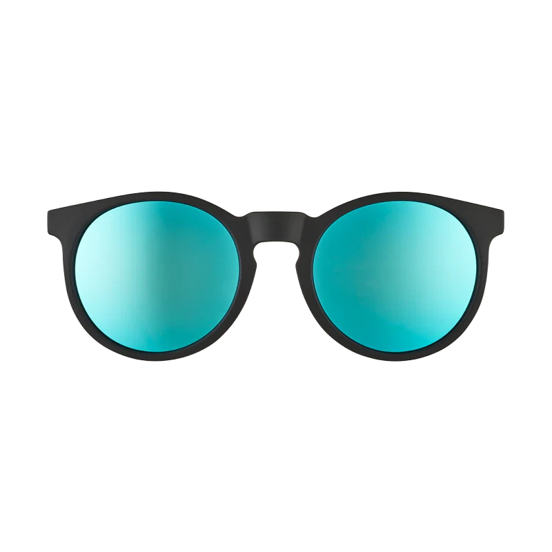 goodr Circle G Midnight Ramble At Circle Bar sunglasses, charcoal frame with mirrored teal lenses — front view