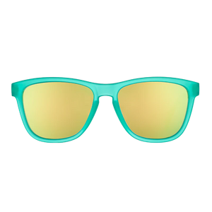 goodr OG Nessy's Midnight Orgy sunglasses, aqua frame with champagne lenses — front view