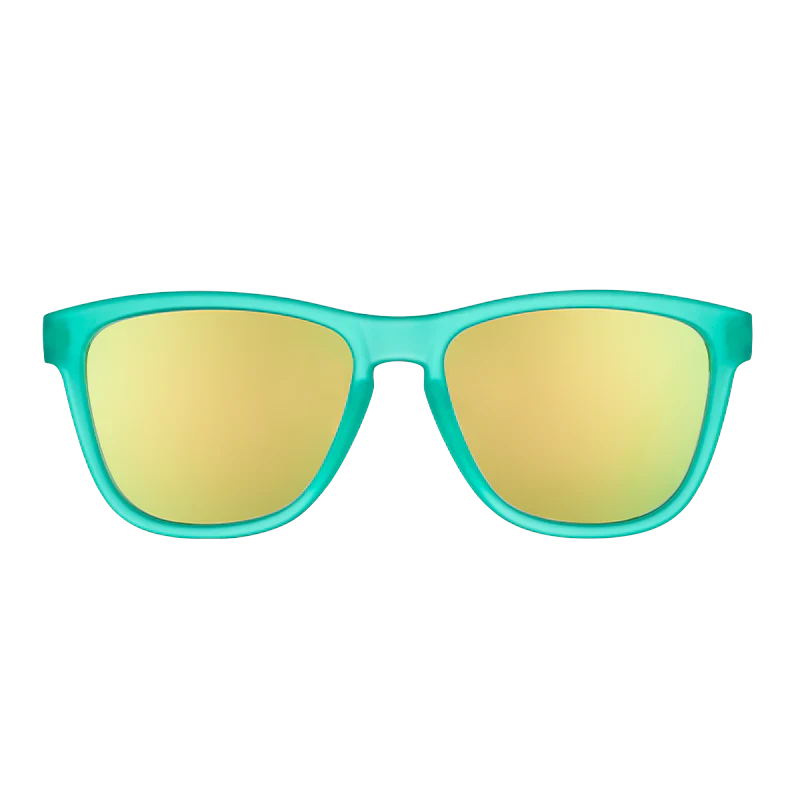 goodr OG Nessy's Midnight Orgy sunglasses, aqua frame with champagne lenses — front view