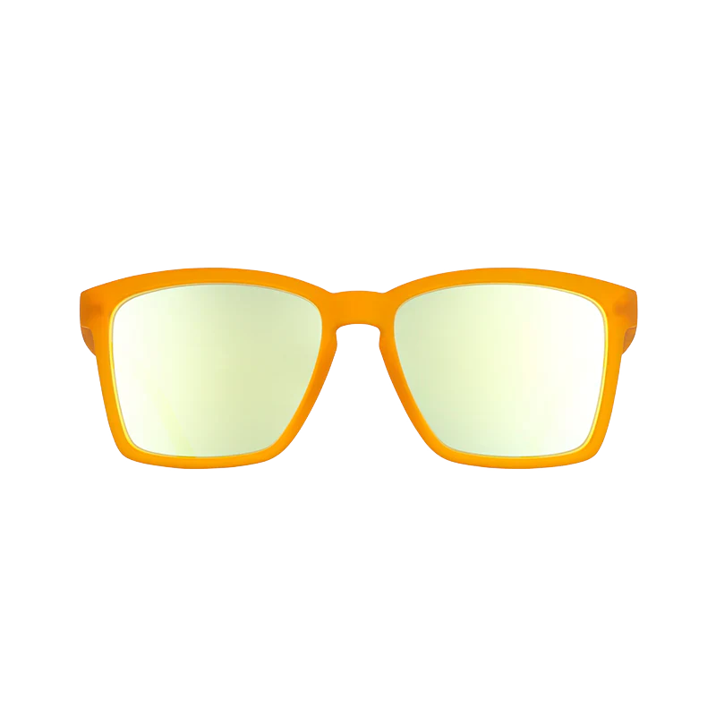 goodr LFG Never The Big Spoon sunglasses, amber frame with mirrored cream lenses — front view