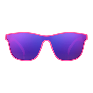 goodr VRG See You At The Party, Richter! sunglasses, hot pink frame with mirrored purple lenses — front view