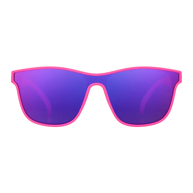 goodr VRG See You At The Party, Richter! sunglasses, hot pink frame with mirrored purple lenses — front view