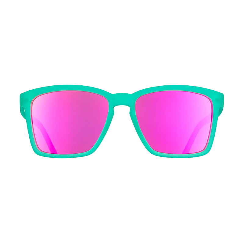 goodr LFG Short With Benefits sunglasses, turquoise frame with mirrored hot pink lenses — front view