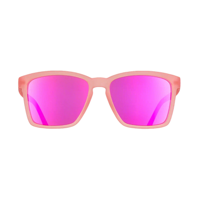 goodr LFG Shrimpin' Ain't Easy sunglasses, salmon frame with mirrored hot pink lenses — front view