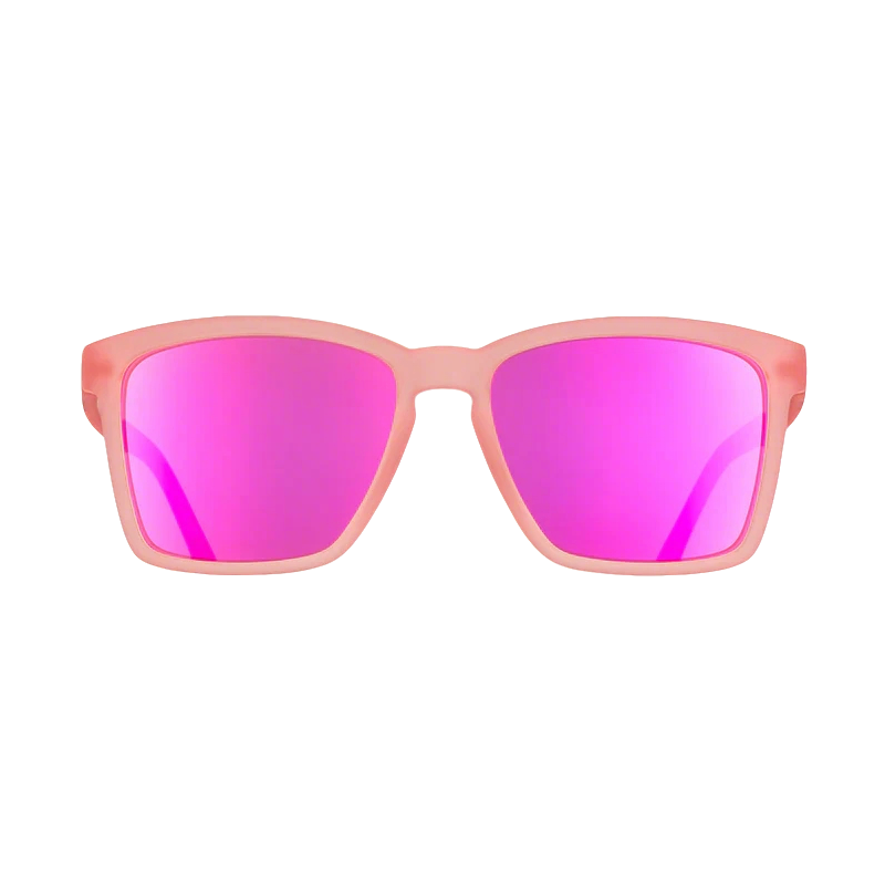 goodr LFG Shrimpin' Ain't Easy sunglasses, salmon frame with mirrored hot pink lenses — front view